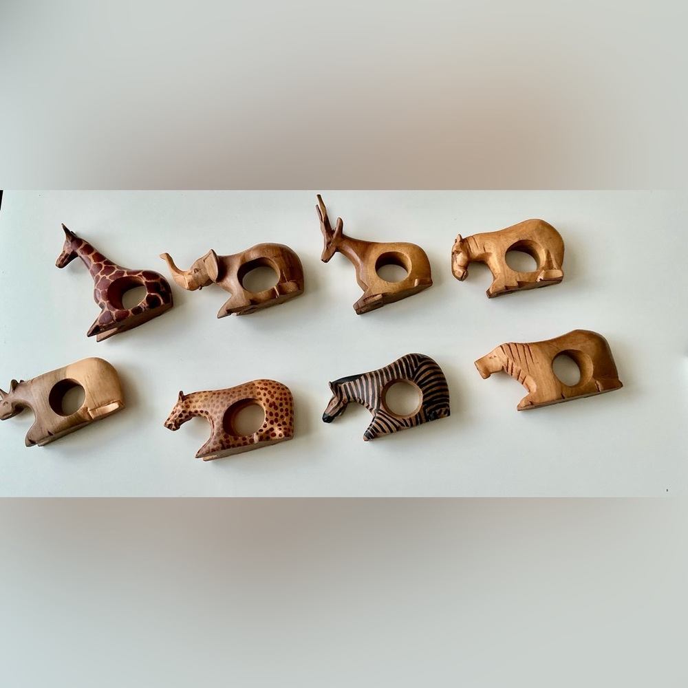 Hand Carved Mahogany Wood African Safari Animal Napkin Holders Set 8 Rare